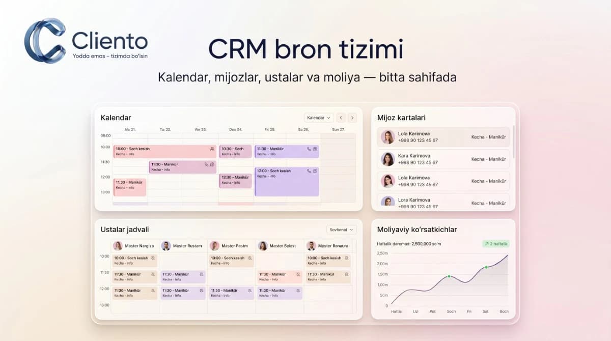Go'zallik saloni uchun CRM bron tizimi va mijoz tarixi
