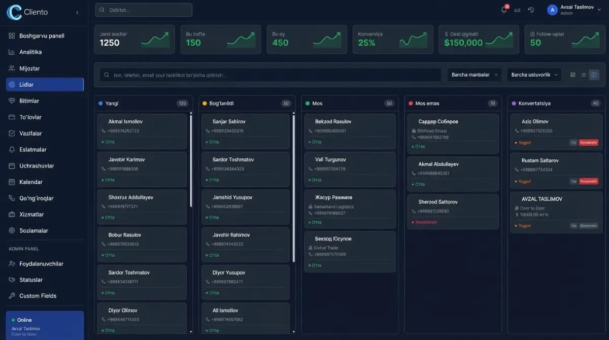 CRM da Kanban pipeline ko'rinishi — bitimlarni bosqichma-bosqich kuzatish
