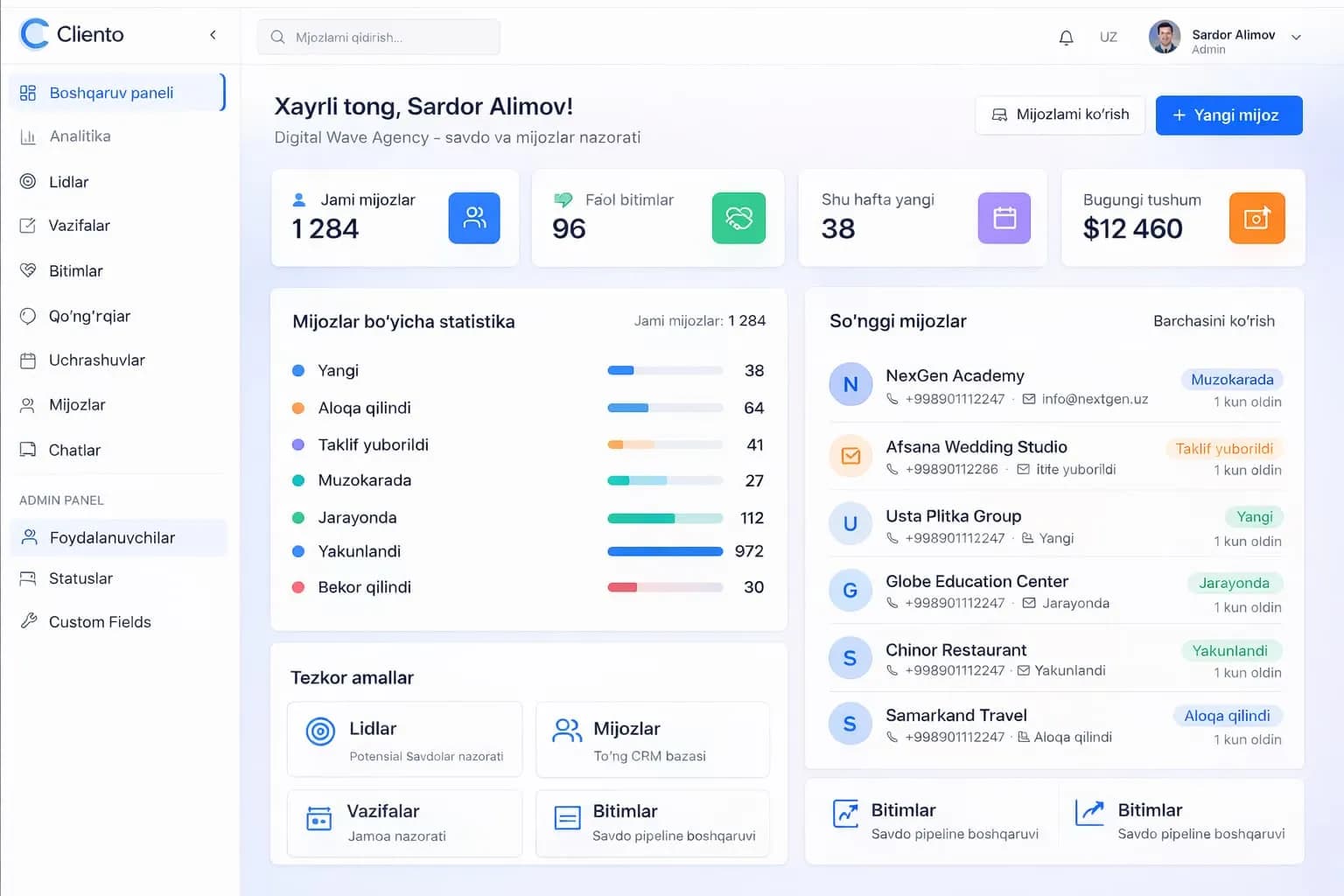 Cliento CRM Dashboard - mijozlar boshqaruv tizimi