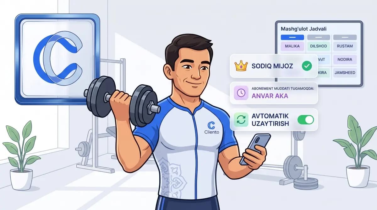 Fitnes klub CRM'da a'zolik kartasi, abonement muddati va yangilash eslatmalari ekrani